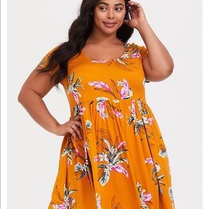 TORRID GOLDEN ORANGE TROPICAL PRINT CHALLIS SKATER DRESS
